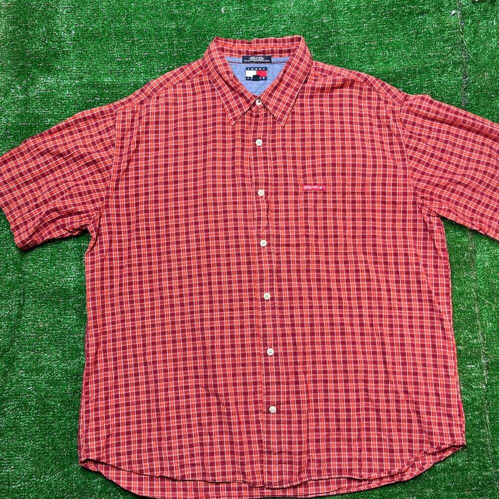 Tommy Jeans Short Sleeve Plaid Button-Down Shirt Size XXL Red